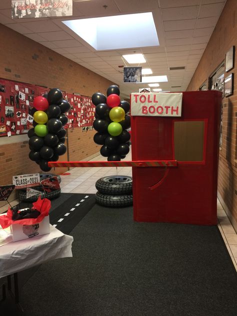 “Toll booth” to let students in. The box was large enough for an adult to sit in and lift the lever to raise the “arm”. Road Trip Homecoming Float Ideas, Road Trip Themed Party, Road Trip Hoco Theme, Road Trip Party Decorations, Road Trip Vbs Decorations, Road Trip Homecoming Theme, Road Trip Vbs Theme, Road Trip Decorations, Road Trip Party Theme