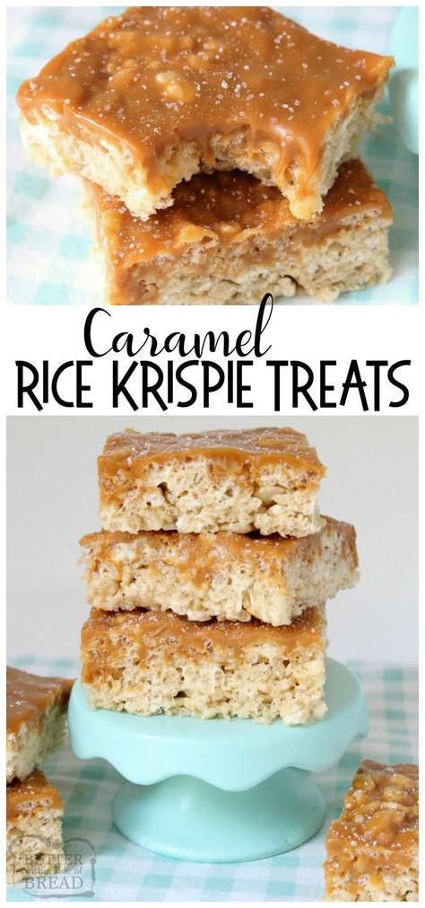 SALTED CARAMEL RICE KRISPIE TREATS - Butter with a Side of Bread Salted Caramel Rice Krispie Treats, Caramel Rice Krispie Treats, Marshmallow Squares, Salted Caramels, Krispie Treats Recipe, Diy Easy Recipes, Easy Rice, Krispy Treats, Marshmallow Treats