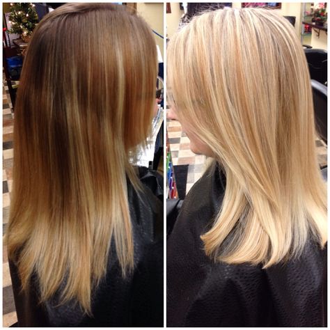 Full Head Blonde Highlights Before And After, Full Head Blonde Highlights, Full Head Blonde, Full Head Of Highlights, Head Of Highlights, Brunette Hair With Highlights, Dark Roots Blonde Hair, Hair Extentions, Bright Blonde