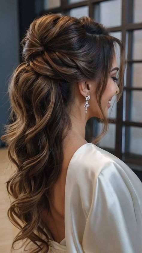 Discover 15 Stunning Half Up Half Down Wedding Hairstyles This Season - Fads Simple Wedding Look Indian, Wedding Hair Styles Medium Hair, Hairstyles For V Neck Dress Neckline, Hairstyles For Bridesmaids Indian, Wedding Hairstyles For Long Hair Guest, Engaged Hairstyles, Brides Hairstyles With Veil, Bridal Hair Braids, Hair Pulled Back From Face