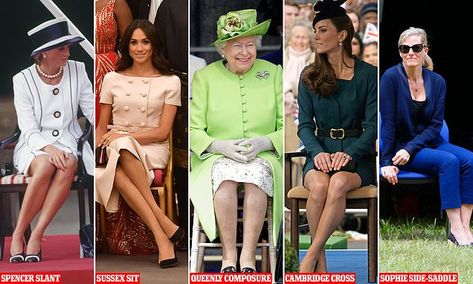 Royal etiquette: Do you adopt the Sussex Slant or the Cambridge Cross? | Daily Mail Online Royal Sitting Pose, Classy Sitting Pose, Sitting Etiquette Women, How To Sit Like A Lady, Royal Etiquette And Manners, Princess Sitting Pose, How To Sit Elegantly, Sitting Etiquette, Royal Manners