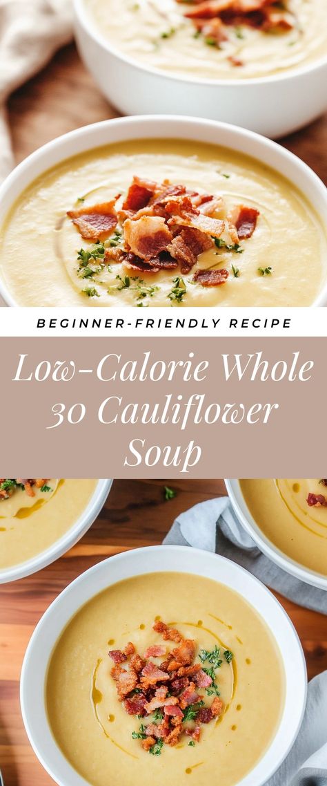 Image for Low-Calorie Whole 30 Cauliflower Soup Whole 30 Cauliflower Soup, Creamy Cauliflower Vegetable Soup, Cauliflower Soup Healthy Clean Eating, Asiago Cauliflower Soup, Thai Coconut Cauliflower Soup, Creamy Cauliflower Soup Recipes, Cauliflower Soup Recipes Healthy, Cauliflower Recipes Soup, Low Carb Winter Meals