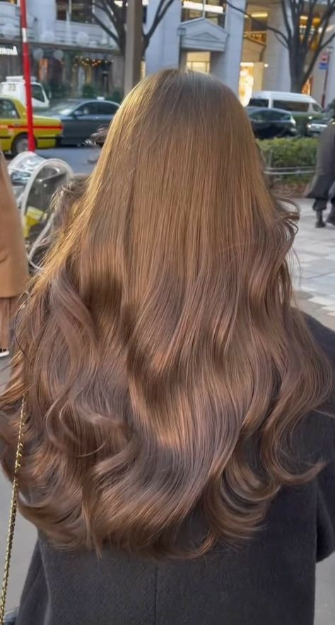 Honey Brown Hair Aesthetic, Milk Tea Brown Hair On Tan Skin, Rich Honey Brown Hair, Milk Tea Brown Hair Asian, Long Honey Brown Hair, Khaki Brown Hair, Long Wavy Light Brown Hair, Honey Beige Hair, Warm Medium Brown Hair