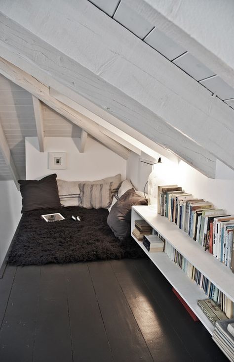 21 Cozy Makeshift Reading Nooks                                                                                                                                                     More Attic Nook, Design Ložnic, Attic Spaces, Attic Bedroom, Attic Rooms, Design Del Prodotto, Cozy Nook, Tiny Homes, Reading Nook