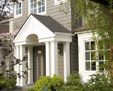 Mega Greige Exterior Ideas, Pictures, Remodel and Decor Colonial Entryway, Mindful Gray Sherwin Williams, Sherwin Williams Exterior, Gray House, Shingle Colors, Shingle Siding, Shingle Exterior, Exterior Paint Color, Grey Exterior