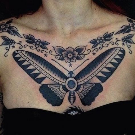 Traditional Collar Bone Tattoo, Center Chest Tattoo, Butterfly Chest Tattoo, Chest Piece Tattoo, Best Chest Tattoos, Traditional Chest Tattoo, Rose Chest Tattoo, Tattoos For Women On Thigh, Pelvic Tattoos