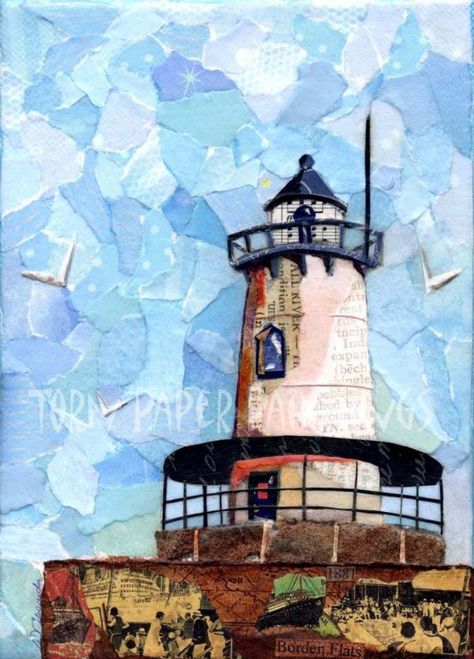 "Lighthouse: Borden Light" - collage by Wanda Edwards of Torn Paper Paintings Lighthouse Collage Art, Lighthouse Collage, Torn Paper Collage Landscape, Torn Paper Collage, Collage Landscape, Mediums Of Art, Newspaper Art, Origami And Quilling, Lighthouse Painting