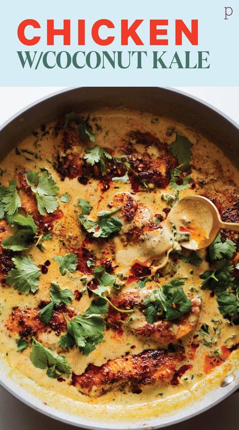 Golden, juicy, thinly sliced pan-fried chicken swims in a creamy coconut-kale gravy-like situation with slips of shallot and a bit of heat. Super easy, minimal ingredients! Coconut Kale, Chicken Kale, Pinch Of Yum, Pan Fried Chicken, Coconut Chicken, Kale Recipes, Healthy Chicken, Main Meals, Dinner Time