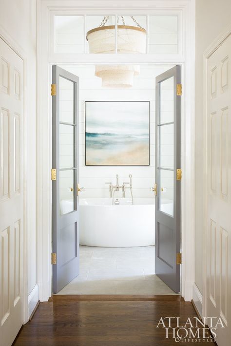 White Interlude - AH&L Best Kitchen Design, Grey Doors, Bad Inspiration, Home Luxury, Atlanta Homes, Bathroom Doors, Bathroom Renos, Traditional Bathroom, Free Standing Tub