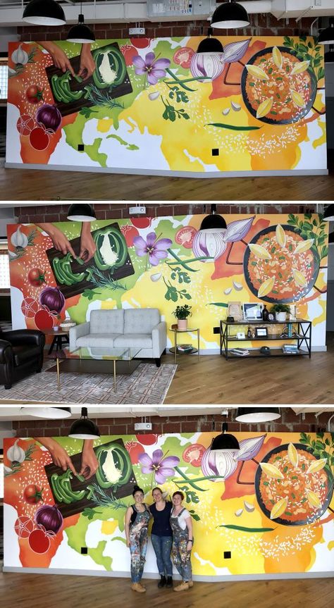 Kitchen Mural Ideas, Restaurant Wall Painting, Restaurant Wall Design, Food Mural, Color Still Life, Restaurant Mural, Kitchen Mural, Veggies And Rice, Mural Cafe