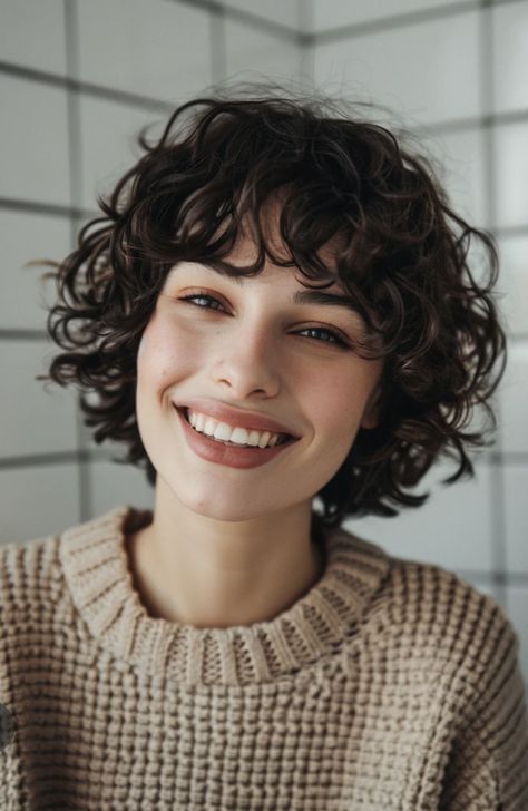 Short Hair Perm With Bangs, Shag Cut Short Hair, Short Curly Hair With Bangs Hairstyles, Short Thick Curly Haircuts, Curly Short Hair Women, Short Curly Hair With Fringe, Short Curly Haircuts With Bangs, Curly Short Haircuts, Perm Short Hair