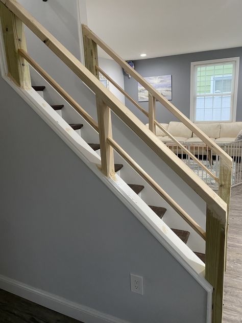 2x4 Stair Railing Ideas, Half Railing Stairs, Floating Stair Railing Ideas, Basement Stairs Railing Ideas, Stairs With No Railing, Basement Railing Ideas, Garage Stair Railing, Basement Railings For Stairs, Simple Stair Railings