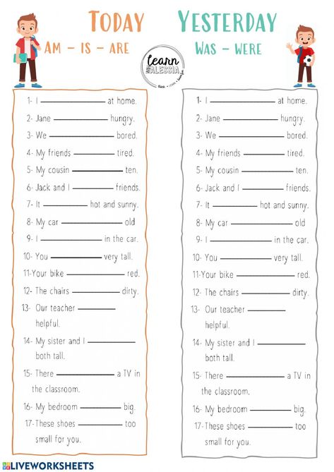 Past simple - To be - Interactive worksheet To Be Worksheet, Verb To Be Past, Simple Past Tense Worksheet, Past Tense Worksheet, Verb To Be, English Grammar Exercises, English Grammar For Kids, Simple Past Tense, Grammar For Kids