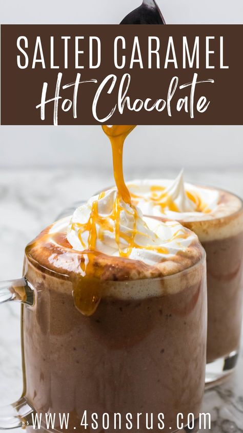 Salted Caramel Hot Chocolate Recipe, Caramel Crockpot, Caramel Hot Chocolate Recipe, Flavored Hot Chocolate, Salted Caramel Hot Cocoa, Whipped Hot Chocolate, Warm Drinks Recipes, Caramel Hot Chocolate, Creamy Hot Chocolate