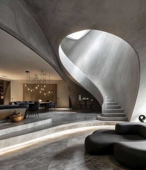 Curved Steps, Crashed Spaceship, Bright Sofa, Toronto Apartment, Delta House, Floor Marble, Concrete Effect Paint, Futuristic Home, Marble Floors