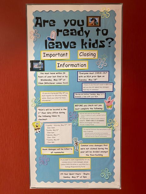 End Of Year Ra Bulletin Board, Spongebob Bulletin Board Ideas, College White Board Ideas, College Bulletin Board, Graduation Bulletin Board, White Board Ideas, Residence Life Bulletin Boards, Spongebob Jellyfish, February Bulletin Boards