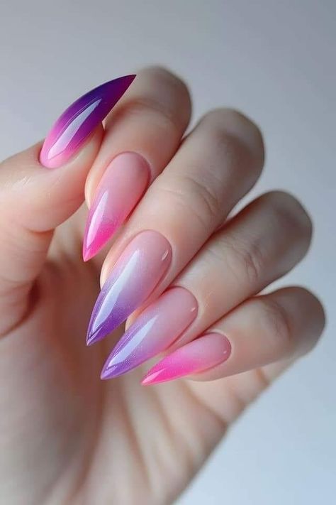 Nails Barbie, Nails April, Purple Ombre Nails, Stilleto Nails Designs, Short Stiletto, April Nails, Purple Nail Art, Ombre Nail Designs, New Nails