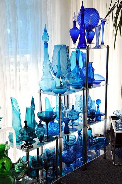 Colored Glass Bottles, Blue Glassware, Cobalt Glass, Storage Systems, Colored Glassware, Viking Glass, Antique Glassware, Glass Studio, Glass Display