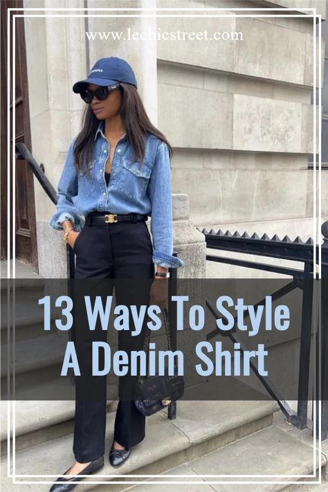 13 Ways To Style A Denim Shirt. Looking for denim aesthetic looks for spring outfits. Plenty of ways to style denim shirt outfit for all year round. Ideas for denim shirt with shorts idea and other denim shirt outfits for fall outfit ideas or spring outfits. Cute denim shirts outfit that are perfect for any style or occasion. #denimshirtoutfit #denimshirtoutfits #denimaesthetic #denimoutfitideas #springoutfits Dark Blue Denim Shirt Outfit Woman, Jeans Blouse Outfit Casual, Demin Shirt Outfit Women, Outfit With Denim Shirt Women, Denim Shirt Office Outfit, Black Dress With Denim Shirt, Demin Shirt Outfit Casual, Denim Shirt With Black Jeans, Jean Shirt Outfits For Work