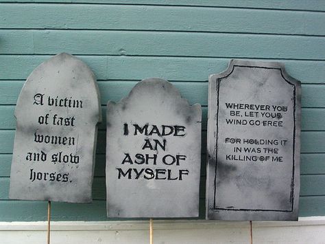 Halloween Tombstone Sayings, Gravestone Ideas, Diy Tombstone, Tombstone Sayings, Halloween Tombstones Diy, Halloween Headstone, Tombstone Quotes, Tombstone Diy, Halloween Gravestones