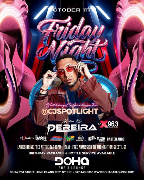 ✨ Don’t miss out on *Friday, October 11th* at @dohabarlounge! 🎉 Celebrate with @CjSpotlight_ and an epic DJ lineup led by X96.3FM’s @imdjpereira! 💃🍾 Ladies drink FREE from 10pm-12am, and we’ve got FREE admission until midnight on the guest list! 🎶 Bring your friends and make it a night to remember with our exclusive birthday packages & bottle service! 🥂 Alongside @djbashlive @djstevenieves @djstevenieves @djmarz_skm @djsecreto87 @djlouieminaya @djcastellanos_ny @djswaggnyc @djrushone 📍 38-... Latin Club, Latin American Restaurant, Latin Party, Best Mixed Drinks, The Guest List, Bottomless Brunch, Birthday Packages, Queens Ny, Bottle Service