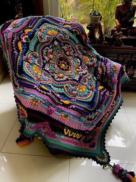 Ravelry: tpreadi's Karoo Vintage Blanket with Tassels Karoo Crochet Blanket, Karoo Vintage Blanket, Freeform Crochet Blanket, Fantasy Crochet Patterns, Mandala Crochet Blanket Free Pattern, Mandala Crochet Blanket, Crocheted Blanket Patterns, Boho Crochet Blanket, Easy Crochet Blanket Patterns