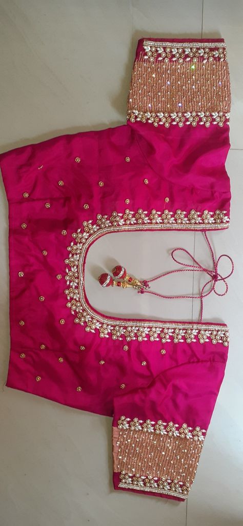 Pink Blouse With Gold Maggam Work, Magam Work On Pink Blouse, Magam Work Blouses Latest Simple Thread Work, Simple Pink Colour Blouse Designs, Magam Work Back Neck Designs, Pink Blouse Maggam Work Designs Simple, Simple Thread Maggam Work Blouses Latest, Work On Pink Blouse, Pink Silk Blouse Designs