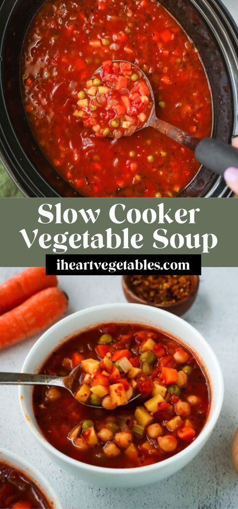 This hearty vegetable soup is made in a slow cooker for a delicious hands-off meal. This vegan soup will become a family favorite in your Crock-Pot! Vegetarian Soups In A Crock Pot, Keto Vegetable Soup, Crockpot Vegetable Soup, Vegan Slow Cooker Soup, Slow Cooker Vegetable Soup, Vegetable Soup Crock Pot, Crock Pot Vegetables, Slow Cooker Lentils, Hearty Vegetable Soup