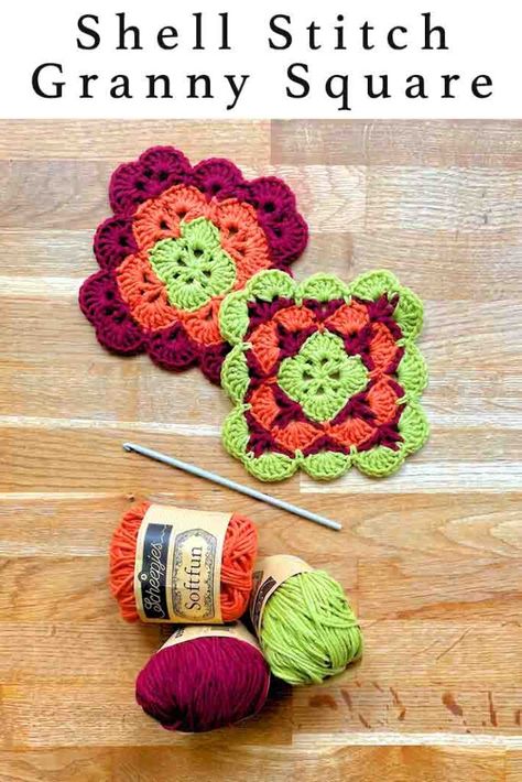 Shell Granny Square, Shell Stitch Granny Square, Granny Square Projects, Scalloped Border, Keep Working, Pot Stand, Shell Stitch, Granny Squares Pattern, Crochet Diagram