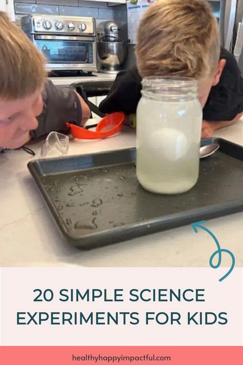 Two children observing an egg inside a jar for a science experiment. Text overlay: "20 Simple Science Experiments for Kids". Simple Elementary Science Experiments, Science Activities For School Age, Easy Fun Experiments For Kids, Science Experiments To Do At Home, Homemade Science Experiments Kids, At Home Science Experiments For Kids, Easy Experiments For Kids, Simple Science Experiments For Kids, Science Activities For Preschoolers