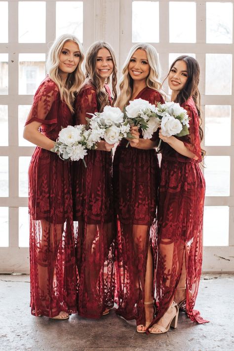 Womens wearing Burgundy Wine Red Lace Bridesmaid Dresses Rustic Maid Of Honor Dress, Wine Red Bridesmaid Dresses Short, Bridesmaid Dresses For October Wedding, Long Sleeve Lace Bridesmaid Dress, Boho Lace Bridesmaid Dresses, Wine Red Bridesmaids Dresses, Rustic Wedding Colors Bridesmaid Dress, Wine Colored Dress Family Photos, Wedding Party Clothing Ideas