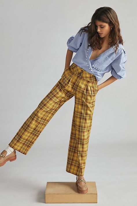 Plaid Pants Outfit, Funky Pants, Anthropologie Clothing, Anthropologie Style, Yellow Plaid, Plaid Pants, 50 Fashion, Pants Pattern, New Wardrobe