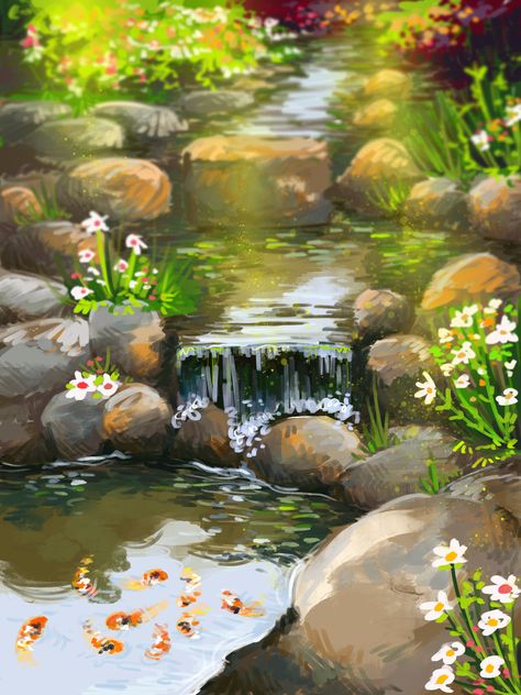 ArtStation - Koi Pond, Meghan Cornagie Koi Fish Pond Ideas, Fish Pond Ideas, Pond Drawing, Pond Painting, Forest Mural, Pond Ideas, Koi Fish Pond, Landscape Concept, Fantasy Art Landscapes