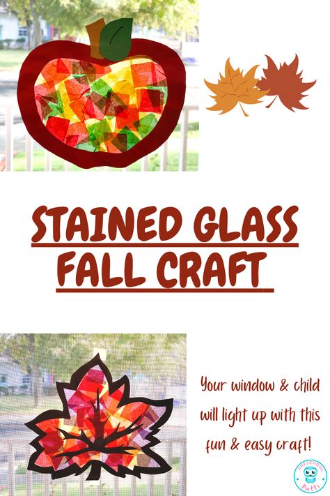 “Fall” in love with this fun and easy to make stained glass craft! Using just a few very inexpensive materials, this kid-friendly craft is truly fail-proof! By using clear contact paper and fall colored tissue paper squares, a gorgeous, faux stained glass window is created. This is just what your window needs for fall! This easy craft will “leaf” your home ready for autumn and you and your child with proud, happy smiles. Tissue Paper Stained Glass Craft, Stained Glass Fall, Stained Glass Craft, Faux Stained Glass Window, Ready For Autumn, Kid Friendly Crafts, Glass Craft, Making Stained Glass, Fall Craft