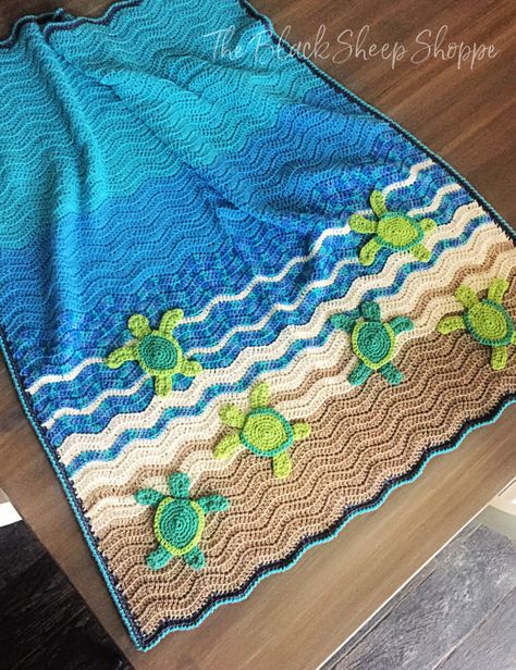 Crochet Blanket Ocean, Turtle Beach Crochet Blanket Pattern, Ocean Themed Crochet Blanket, Ocean Blanket Crochet, Crochet Turtle Blanket, Crochet Ocean Theme, Crochet Ocean Blanket, Ocean Crochet Blanket, Ocean Themed Crochet