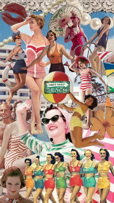 vintage beach ♥️ #vintage #beach #50s #moodboard #aesthetic #collage 50s Beach Party, Retro Resort Aesthetic, Beach 70s Aesthetic, 60s Beach Party, 1950s Beach Aesthetic, 50s Beach Aesthetic, 50s Moodboard, Vintage Beach Outfit, 80s Beach Aesthetic