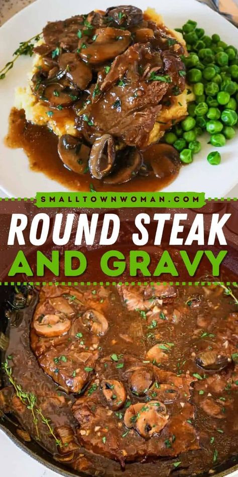 One of the best comfort food recipes ever! It's an easy round steak and gravy. You'll love this warm dinner idea with beef and mushrooms that are smothered in rich gravy! Beef And Mushroom Gravy, Round Steak With Mushroom Gravy, Recipe For Round Steak, Recipes With Round Steak, Round Steak With Gravy, Mushroom Gravy For Steak, Smothered Steak And Gravy, Round Steak Recipes Easy, Steak And Mushroom Gravy