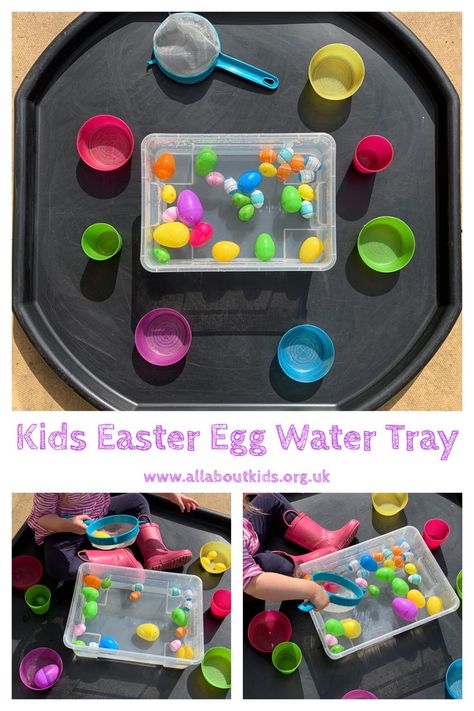 Let your little one explore Easter with this fun water tray. Let them have fun scooping, pouring and catching the Easter eggs. Kids Food Activities, Easter Handprint Crafts, Easter Science, Tuff Tray Ideas Toddlers, Easter Egg Activities, Easter Activities For Preschool, Messy Play Activities, Easter Crafts Preschool, Easter Eggs Kids