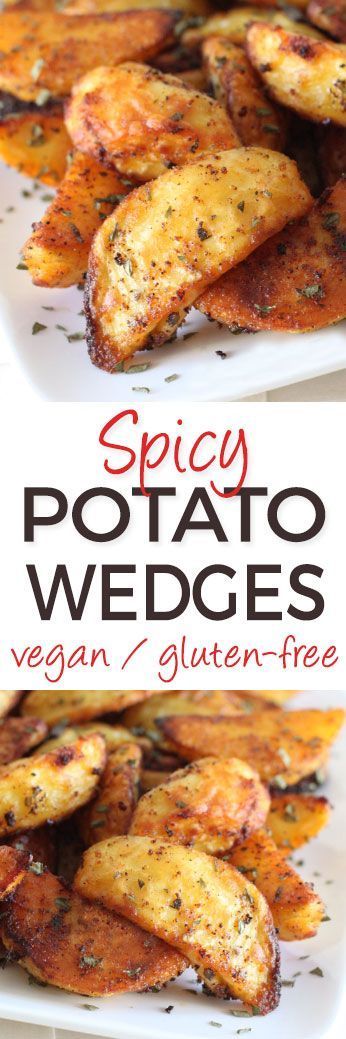 These spicy potato wedges have a great kick to them and are relatively healthy! {naturally vegan and gluten-free} Spicy Potato Wedges, Wedges Recipe, Gluten Free Potatoes, Vegan Potato, Potato Wedges, Think Food, Vegan Foods, Vegan Eating, Vegan Snacks