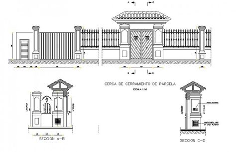 Entrance gate and compound wall detail 2d view elevation and section autocad file Compound Wall Designs, Boundry Wall, Wooden Temple For Home, Fence Wall Design, Wall Detail, Compound Wall Design, Wooden Temple, Entrance Gate, Compound Wall