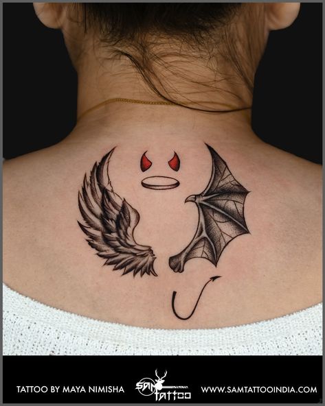 Demon And Angel Wings Tattoo, Devil Baby Tattoo, Angel And Devil Wings Tattoo, She Devil Tattoo, Devil Wings Tattoo, Angel And Devil Tattoo, Angel Vs Devil, Angel Back Tattoo, Angel Devil Tattoo