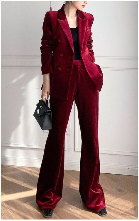 Prom Suits Women Classy, Luxury Elegant Suits For Party Season, Luxury Red Formal Pantsuit, Luxury Red Blazer For Festive Occasions, Luxury Holiday Suits In Elegant Style, Womens Prom Pant Suits, Luxury Red Pants For Party, Luxury Red Winter Suit, Luxury Red Festive Blazer