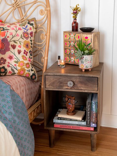 Boho Bedside Shelf, Cute Boho Nightstand, Bedside Dresser Bohemian, Block Print Home Decor, Boho Mini Dresser, Wooden Nightstand Boho, Small Shelf Decor, Bedroom Shelf, Drawer Decor Ideas