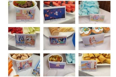 Food Ideas For Bluey Party, Bluey Birthday Food Labels, Bluey Birthday Party Foods, Bluey Birthday Party Food Labels, Bluey Party Foods, Bluey Theme Food, Bluey Party Food Labels, Bluey Birthday Party Food Ideas, Bluey Party Food Ideas