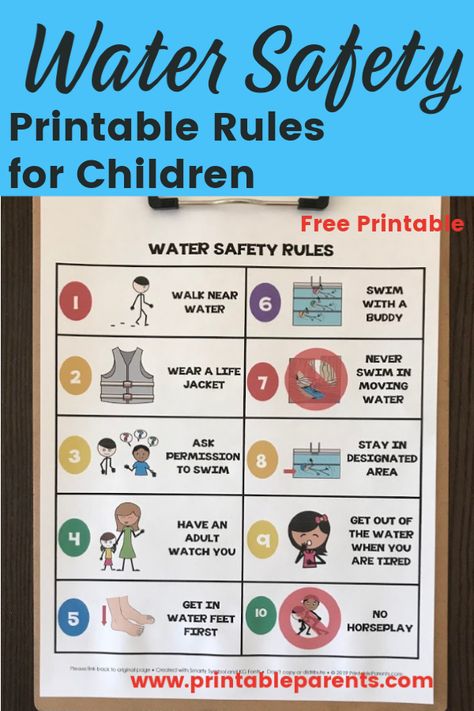 Free printable water safety rules for kids.  Teach your children about rules for water safety. Water Safety Activities, Teaching Safety, Safety Rules For Kids, Safety Pictures, Safety Activities, Safety Games, Safety Crafts, Beach Safety, Safety Slogans