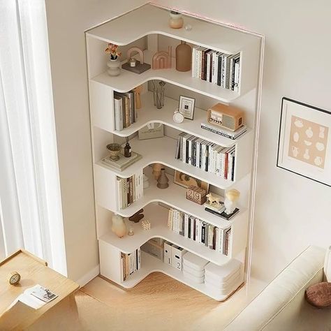 Corner Bookshelf, Corner Bookshelves, Modern Bookshelf, Corner Storage, Solid Wood Flooring, Room Storage, Living Room Storage, Design Living Room, Home Library