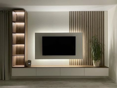 Tv Unit Design With Shelves, Tv Room Entertainment Center, Television Room Ideas, Modern Living Tv Wall, Television Unit Design Modern, T V Wall Design Modern, Small Area Tv Unit Design, Backlit Tv Wall, Tv Wall Design Room