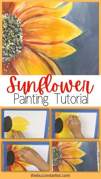 Painted Pallette Ideas, How To Paint Sunflowers, Paint A Sunflower, Paint Sunflowers, Sunflower Acrylic, Painting Flowers Tutorial, Sunflower Canvas, Canvas Painting Tutorials, Paint Night