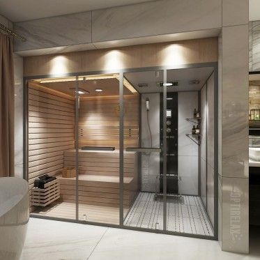 Sauna With Bathtub, Sauna Steam Room Master Bath, Cold Plunge Tub And Sauna, Sauna Keller, Modern Beach Bathroom, Sauna Bathroom Ideas, Basement Sauna, Sauna Bathroom Design, Sauna Bathroom