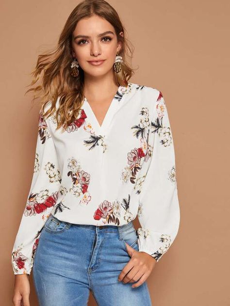 V-neck Lantern Sleeve Floral Print Blouse for Sale Australia| New Collection Online| SHEIN Australia Floral Chiffon Tops Blouses, Chiffon Tops Blouses Classy, Chiffon Tops Blouses, Floral Chiffon, Lantern Sleeve, Print Blouse, Chiffon Tops, Floral Print, V Neck